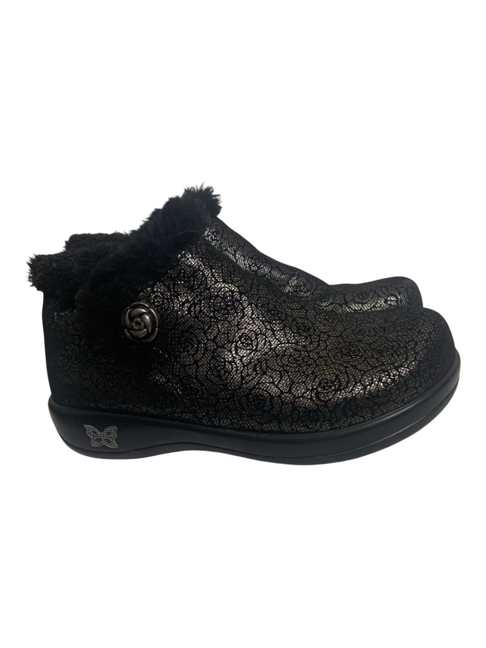 Alegria Meri Black Florette Roses Leather Ankle Boots Faux Fur Trim  36W/5.5-6W